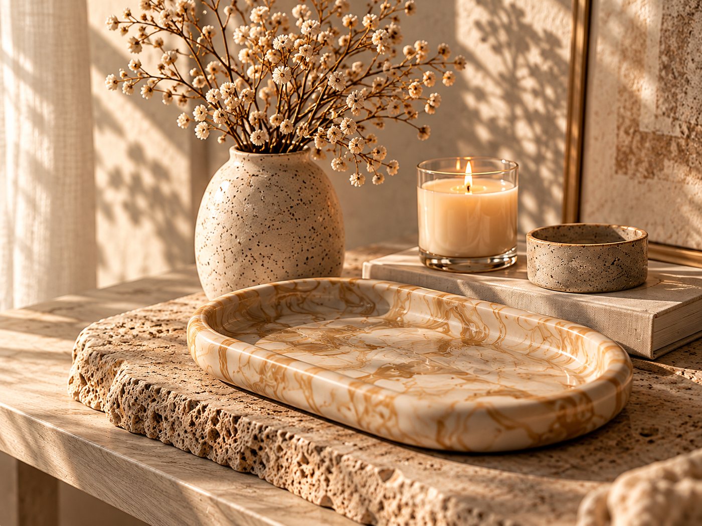 Marbled tray styled with a candle, a speckled vase and dried flowers